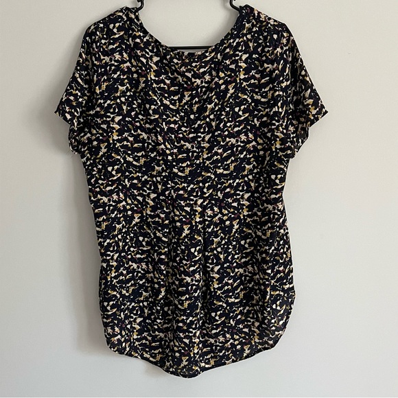 Pleione Navy Blue, Gold, Purple Abstract Print Short Sleeve Scoop Neck Blouse - Picture 3 of 5